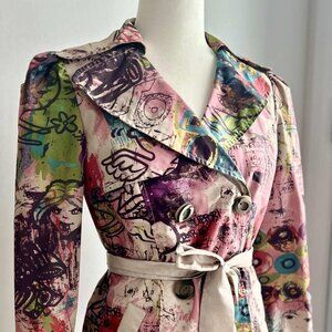 Farinelli Graffiti Art Print Double-Breasted Trench Coat with Belt – US S